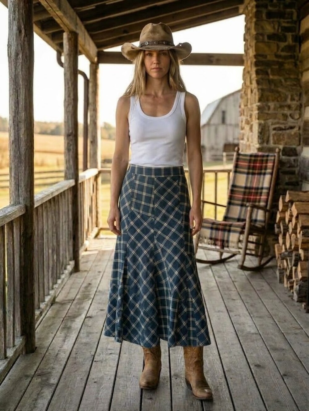 Ralph Lauren Linen/Cotton Blue Checkered Prairie Midi Skirt Size 6